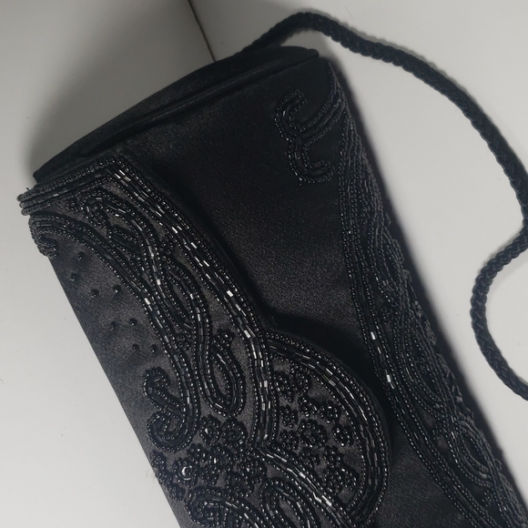 Little Black Purse KATE LANDRY Beaded Evening Clutch Crossbody Rope Strap - Picture 2 of 9